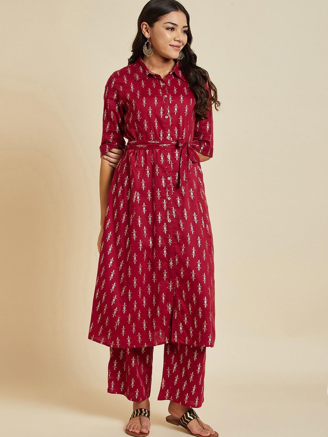 

Ramas Ethnic Motifs Printed Shirt Collar Pure Cotton A-Line Kurta With Palazzos, Maroon