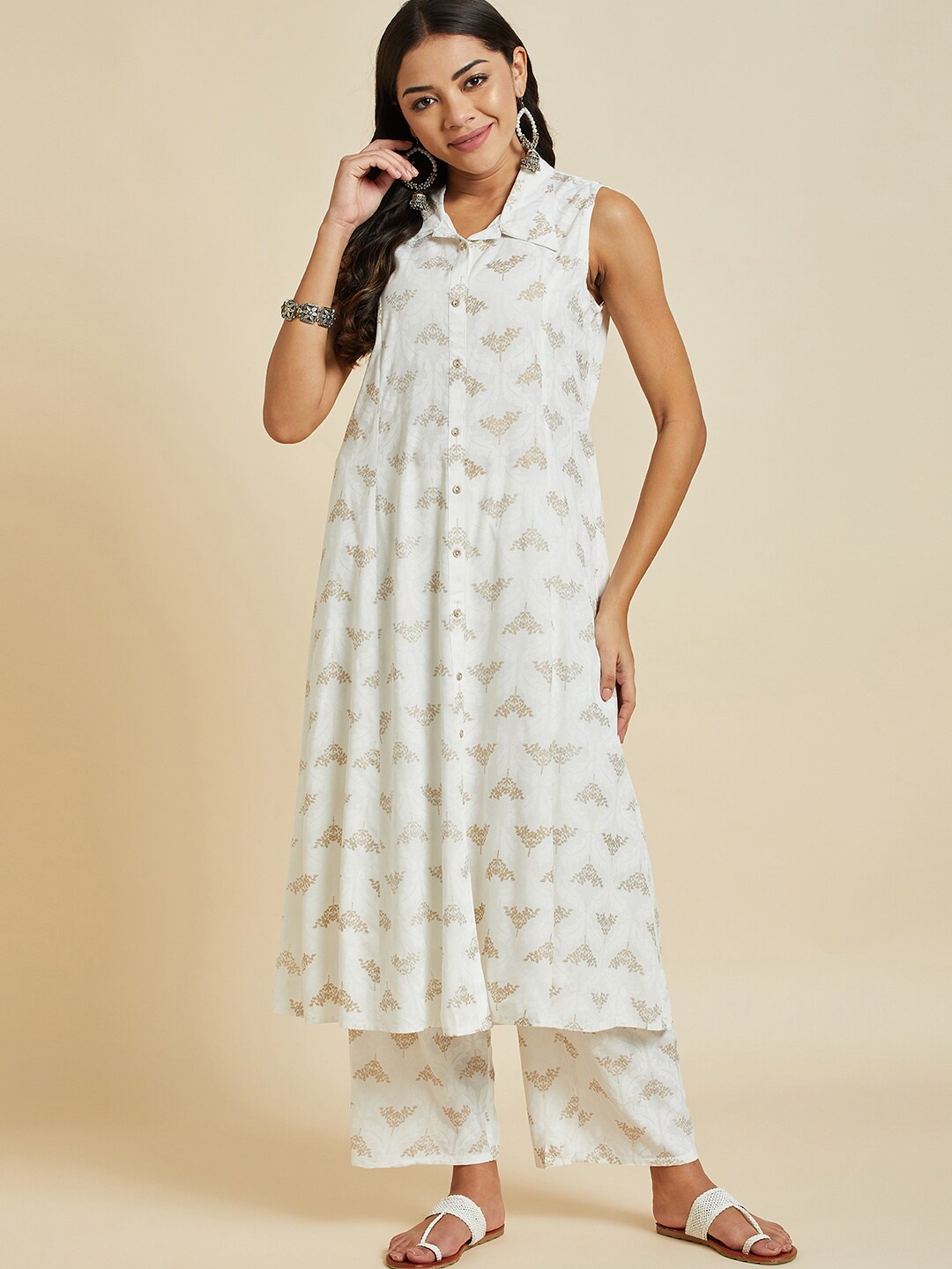 

Ramas Ethnic Motifs Printed Shirt Collar Kurta With Palazzos, White