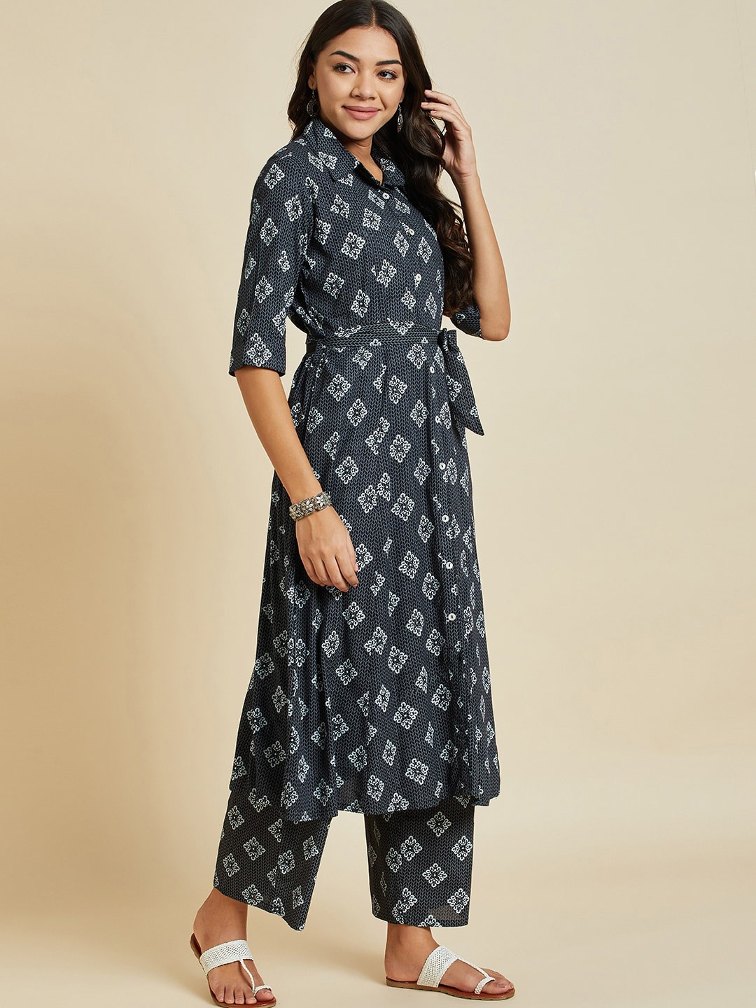 

Ramas Ethnic Motifs Printed Shirt Collar A-Line Kurta With Palazzos, Grey
