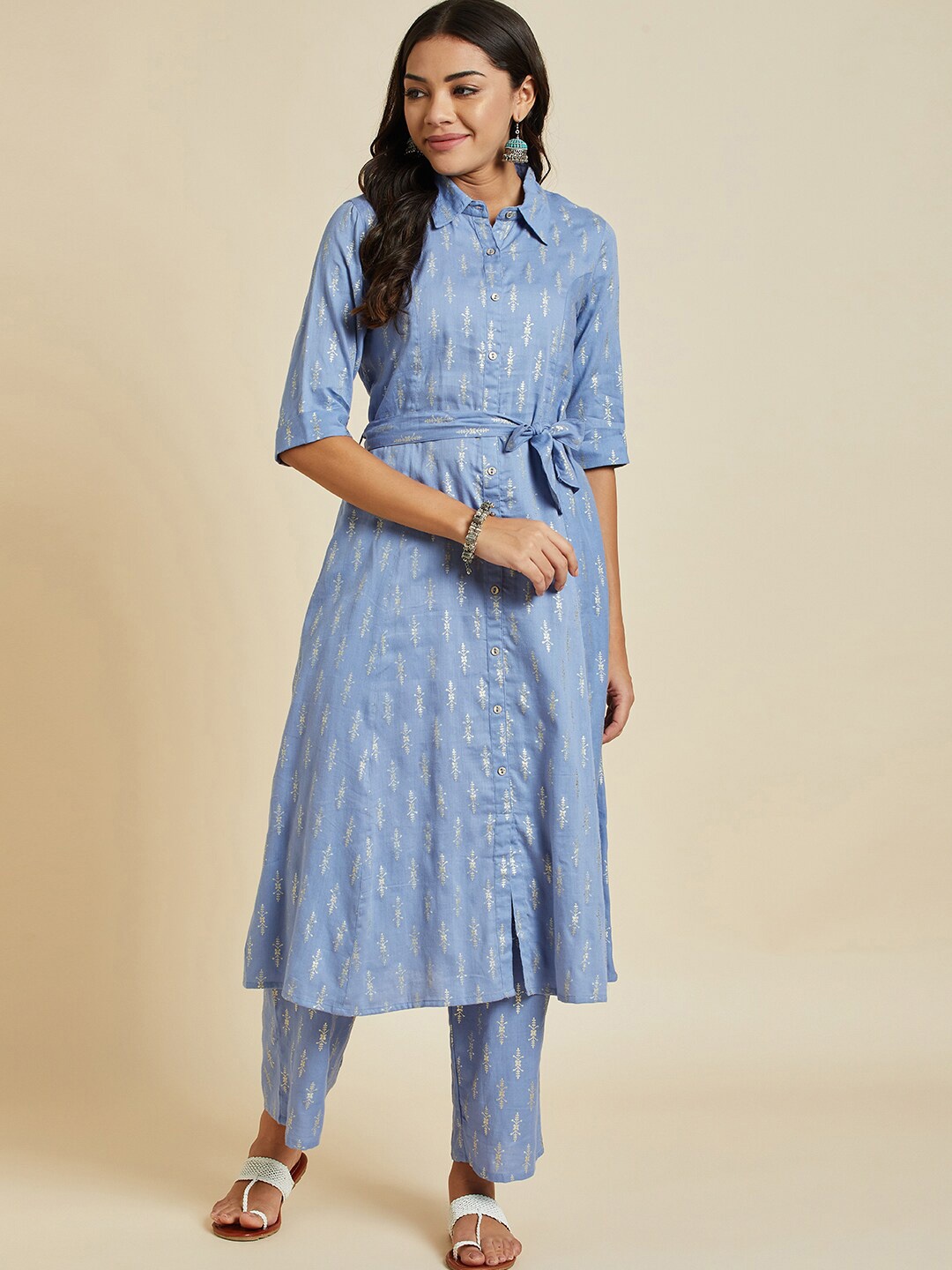 

Ramas Ethnic Motifs Printed A-Line Regular Pure Cotton Kurta with Palazzos, Turquoise blue