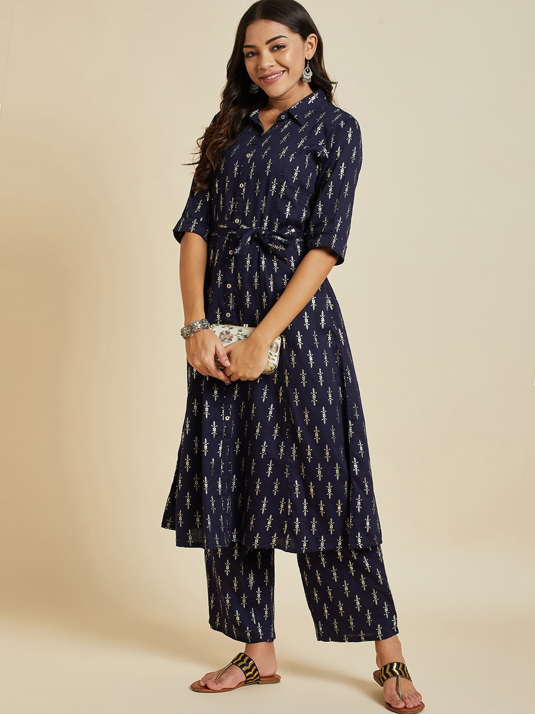 

Ramas Ethnic Motifs Printed Shirt Collar Pure Cotton A-Line Kurta With Palazzos, Navy blue