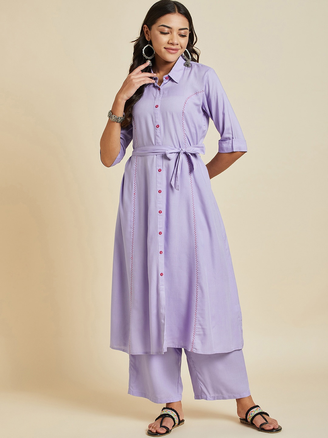 

Ramas Shirt Collar Pure Cotton Kurta With Palazzos, Lavender