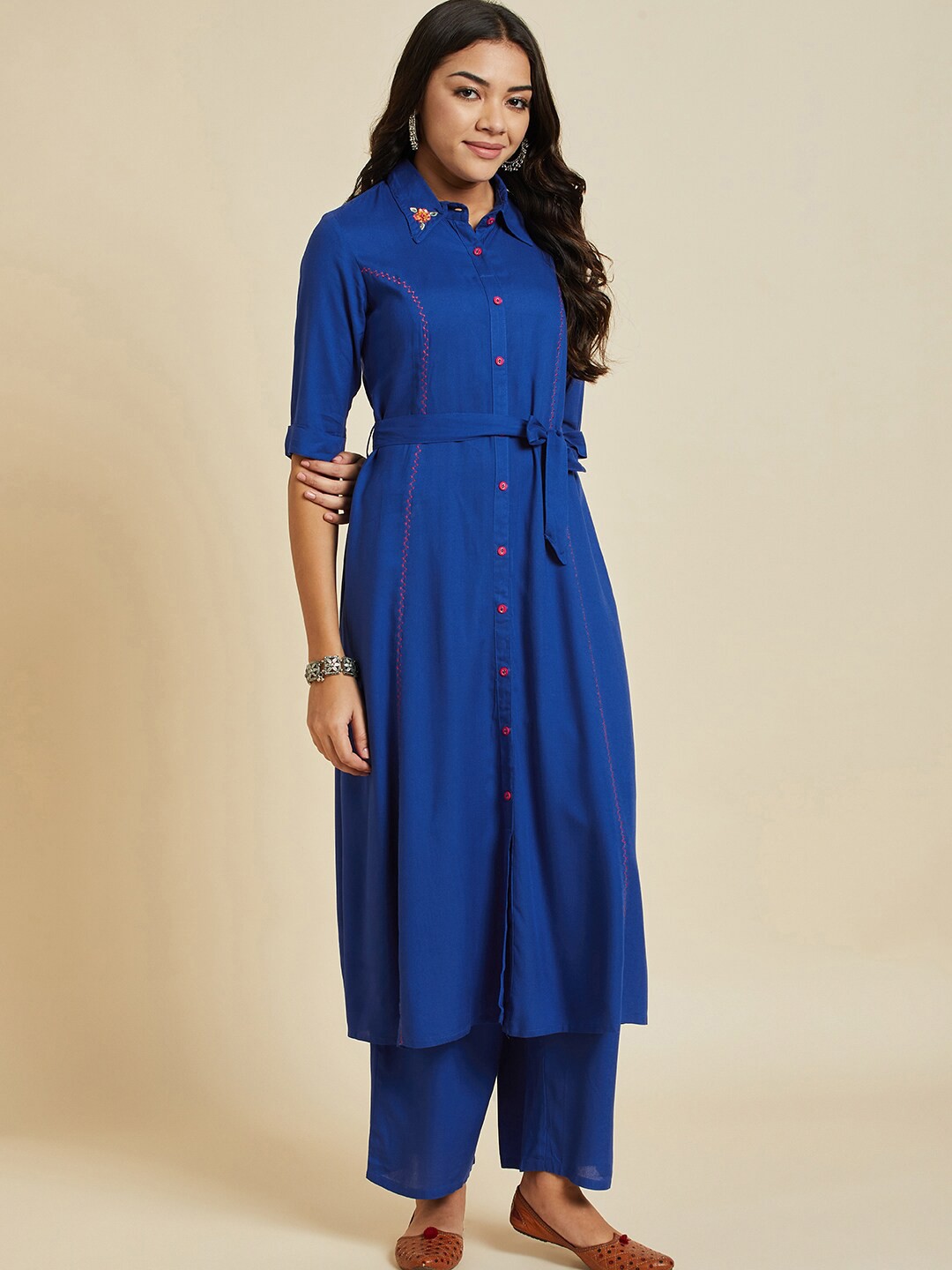 

Ramas Floral Embroidered Shirt Collar A-Line Kurta With Palazzos, Blue