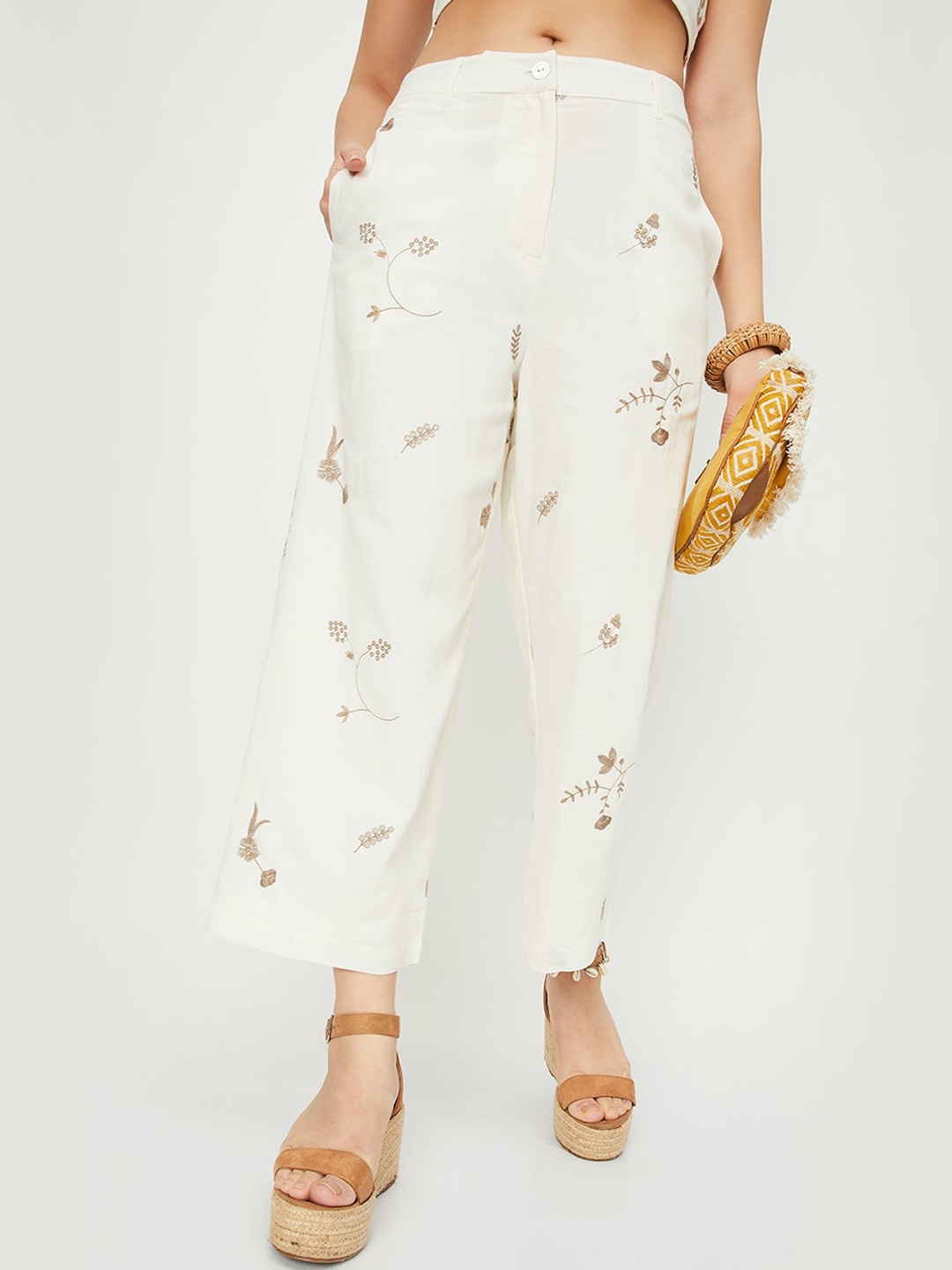 

max Women Floral Embroidered Parallel Trousers, Off white