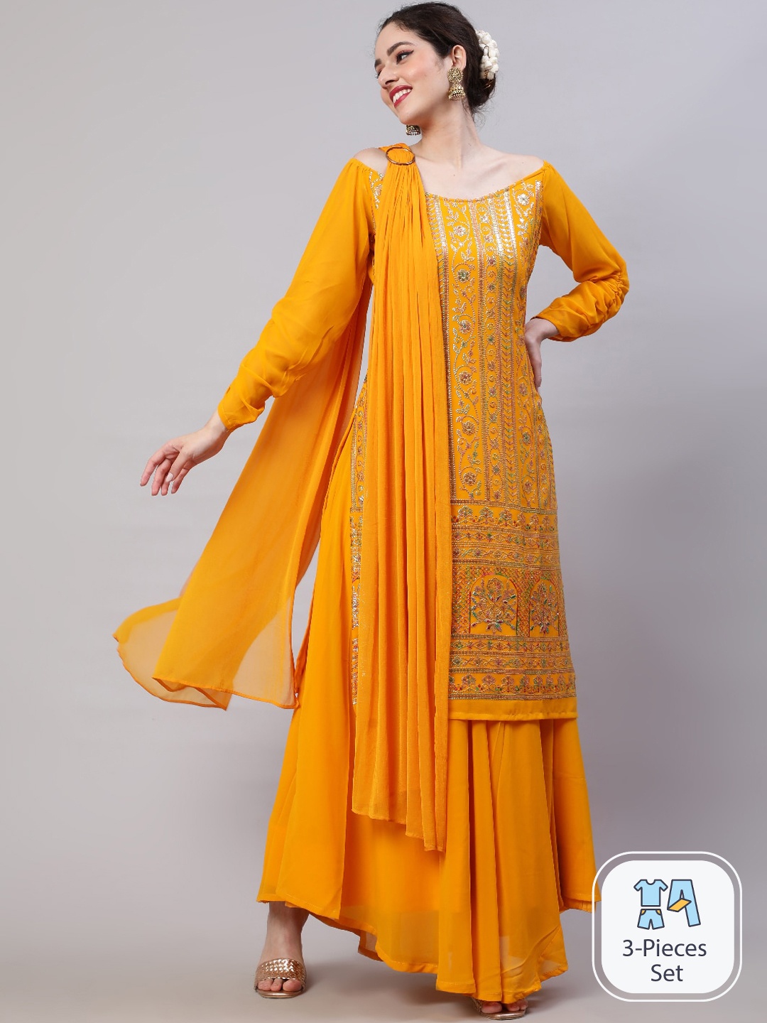 

AKS Couture Ethnic Motifs Embroidered Sequined Straight Kurta with Skirt & Dupatta, Yellow