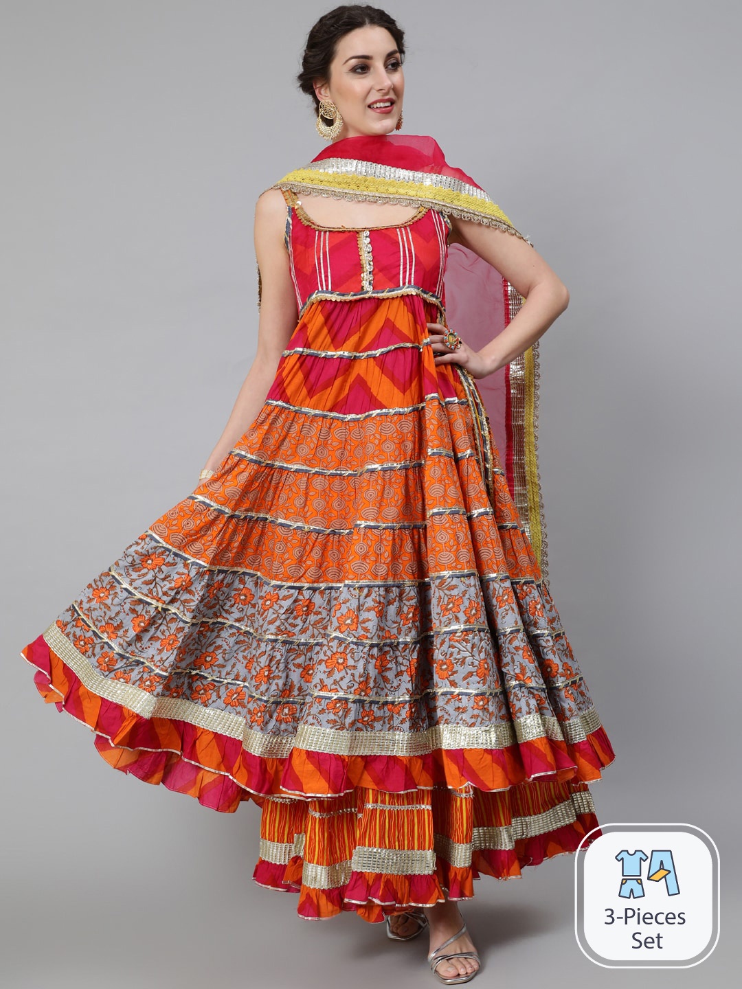 

AKS Couture Ethnic Motifs Printed Pure Cotton Anarkali Kurta with Skirt & Dupatta, Orange