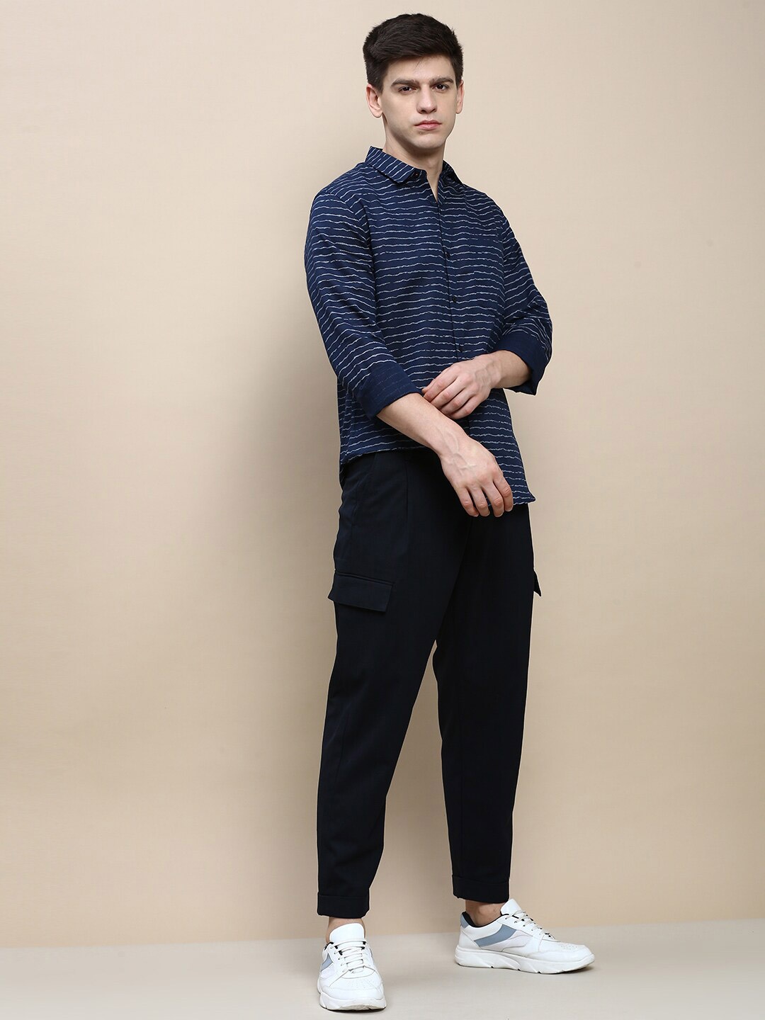 INVICTUS Sport Horizontal Striped Cotton Casual Shirt, Navy blue