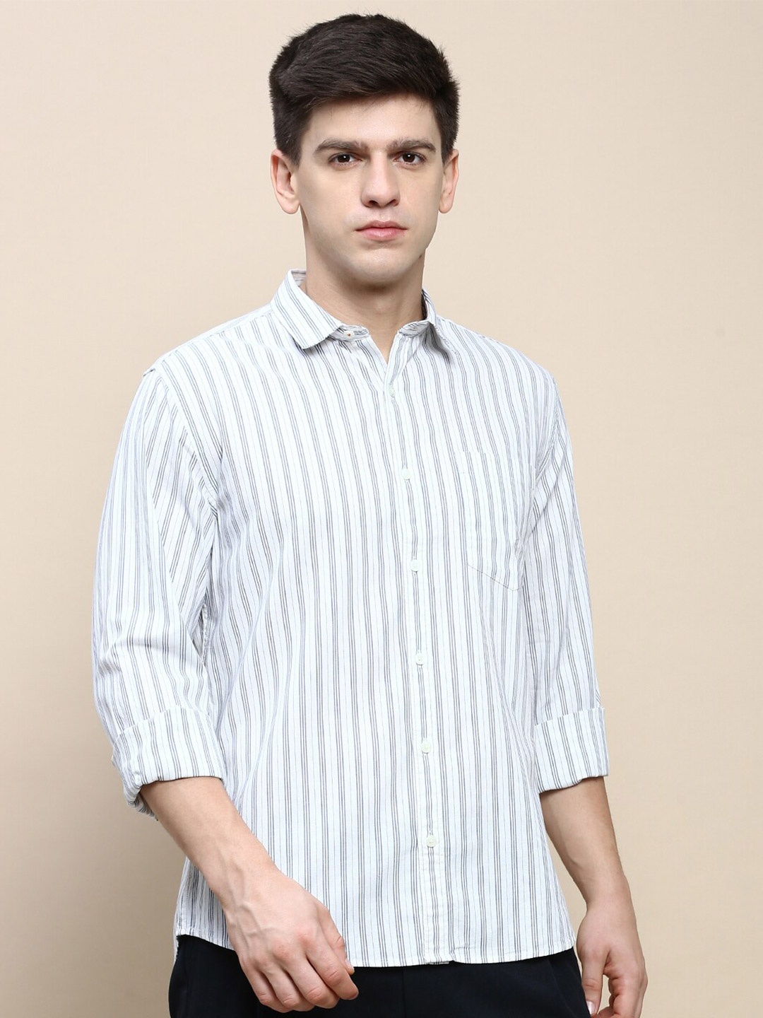 

INVICTUS Sport Striped Slim Fit Opaque Cotton Casual Shirt, Cream