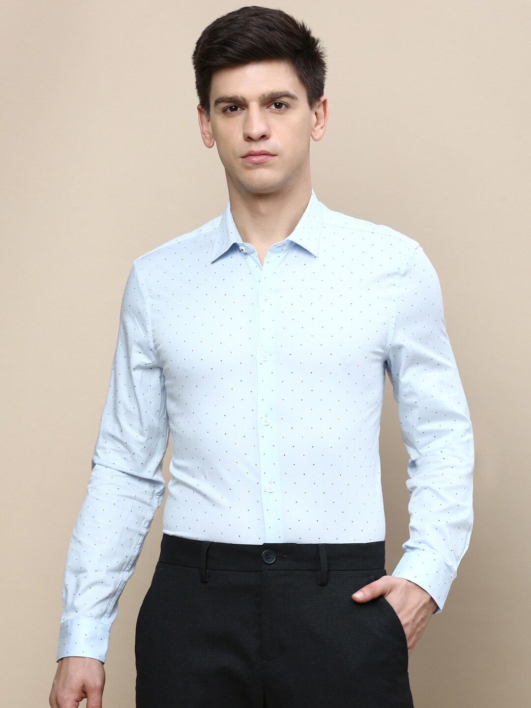 

INVICTUS Polka Dot Printed Standard Slim Fit Opaque Cotton Twill Formal Shirt, Blue