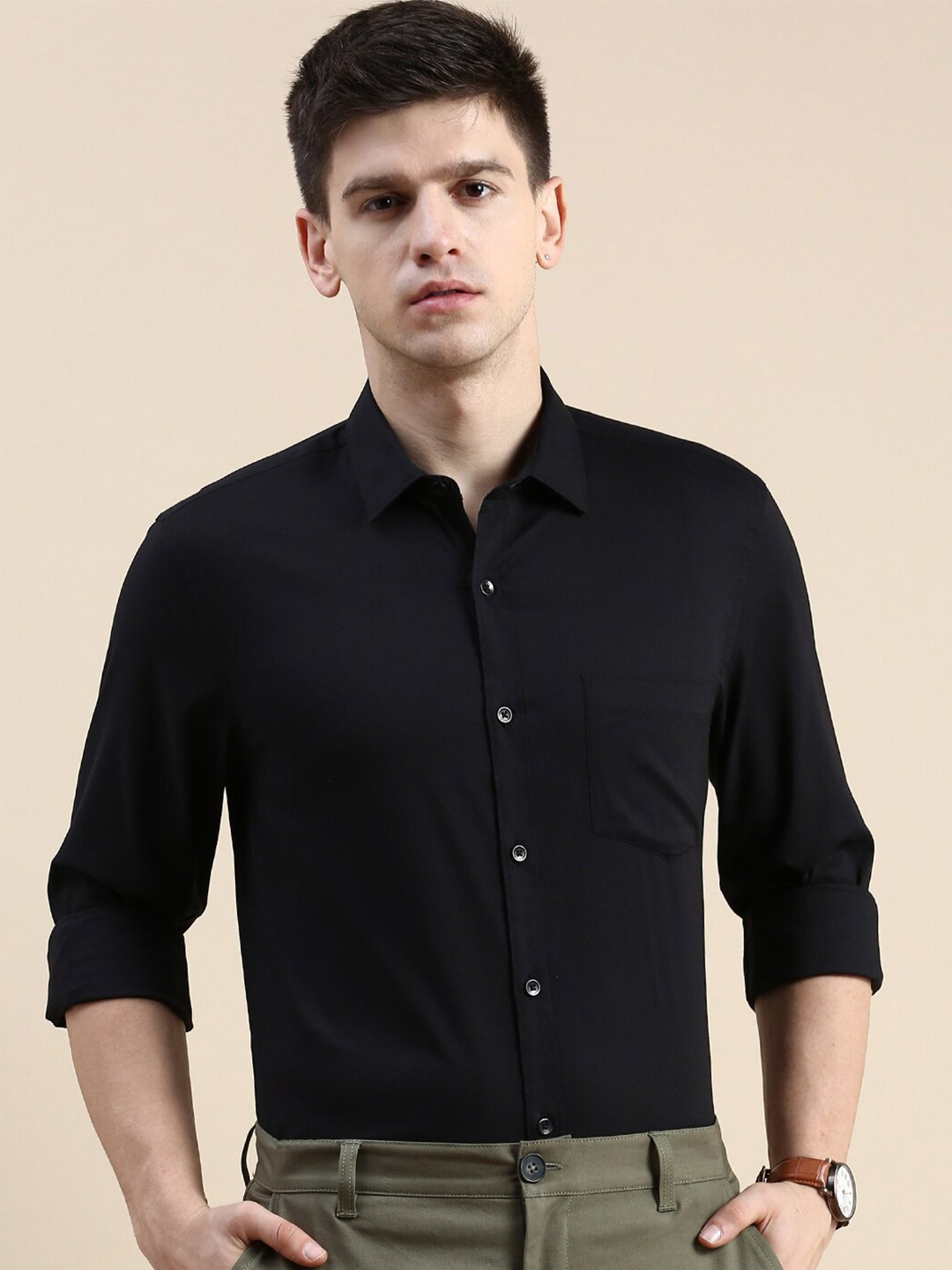 

INVICTUS Comfort Spread Collar Cotton Slim Fit Casual Shirt, Black