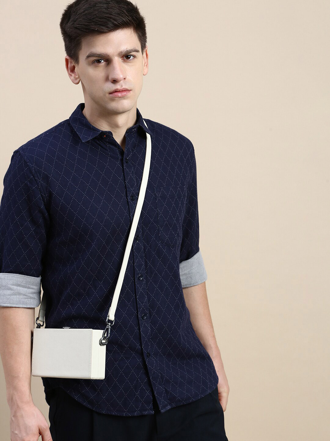 

INVICTUS Sport Slim Fit Geometric Printed Cotton Casual Shirt, Navy blue