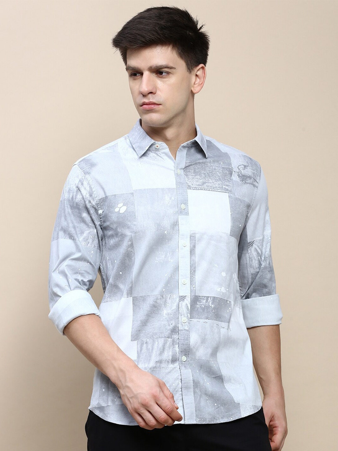 

INVICTUS Geometric Printed Sport Slim Fit Cotton Twill Casual Shirt, Grey