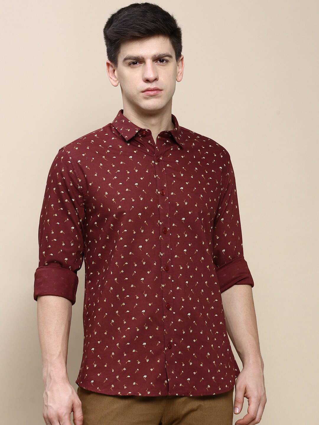 

INVICTUS Sport Slim Fit Floral Printed Cotton Casual Shirt, Maroon