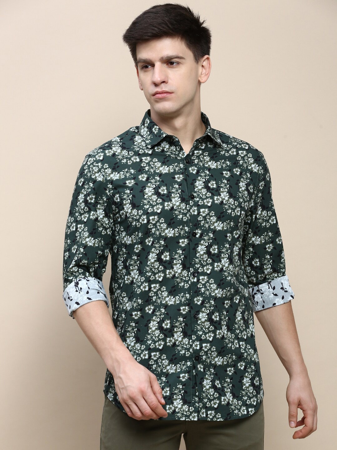 

INVICTUS Club Micro Ditsy Printed Cotton Formal Shirt, Green