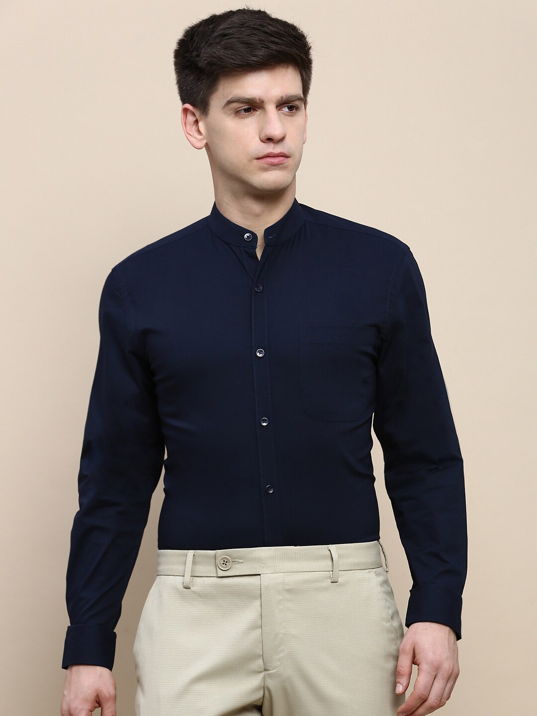INVICTUS Mandarin Collar Comfort Slim Fit Cotton Formal Shirt, Navy blue