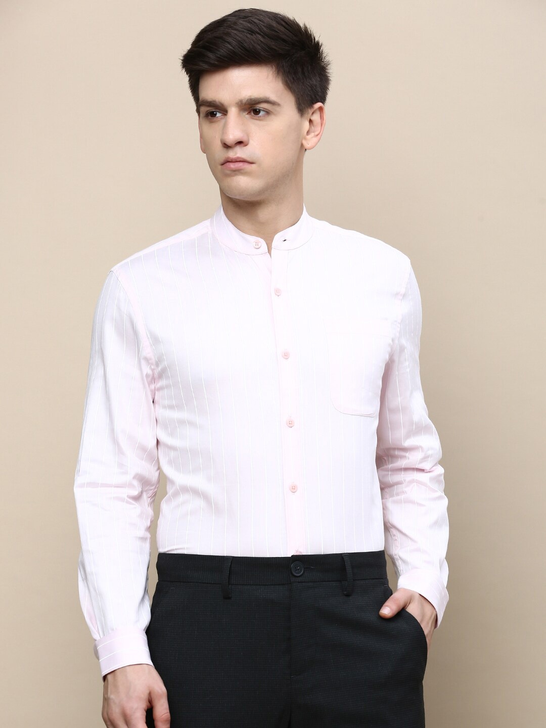 

INVICTUS Standard Vertical Striped Cotton Slim Fit Formal Shirt, Pink