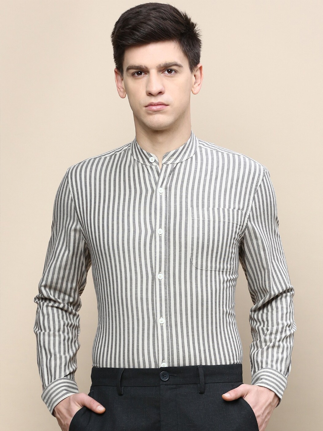 

INVICTUS Standard Slim Fit Striped Cotton Formal Shirt, Beige