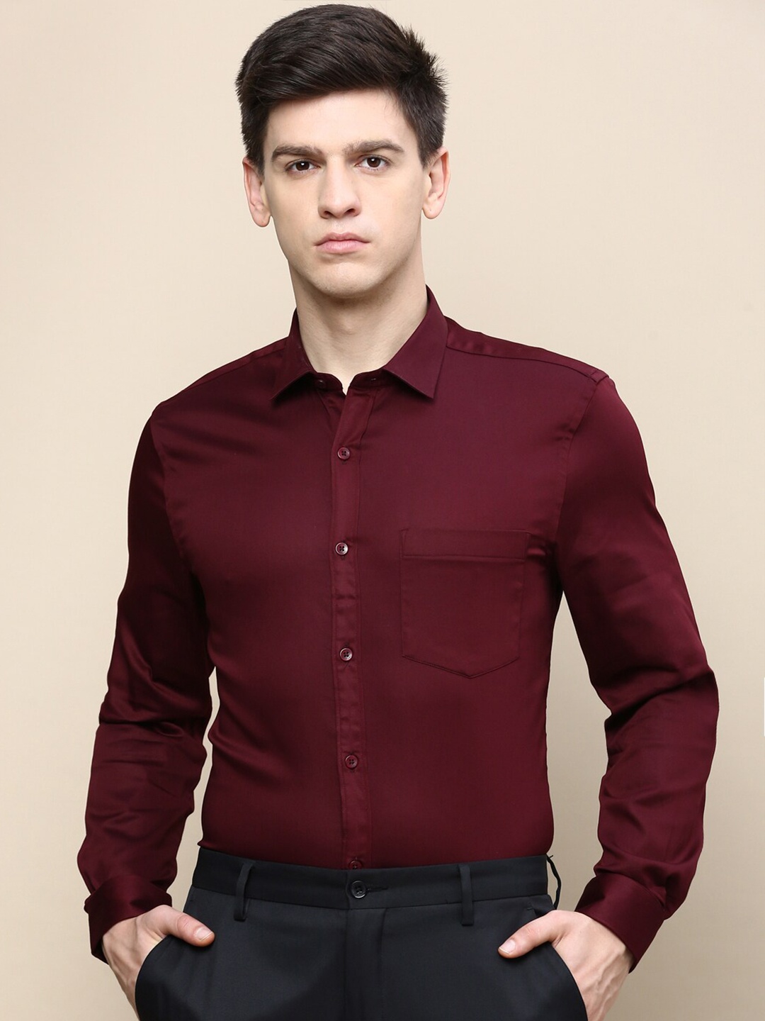 

INVICTUS Standard Slim Fit Cotton Formal Shirt, Burgundy