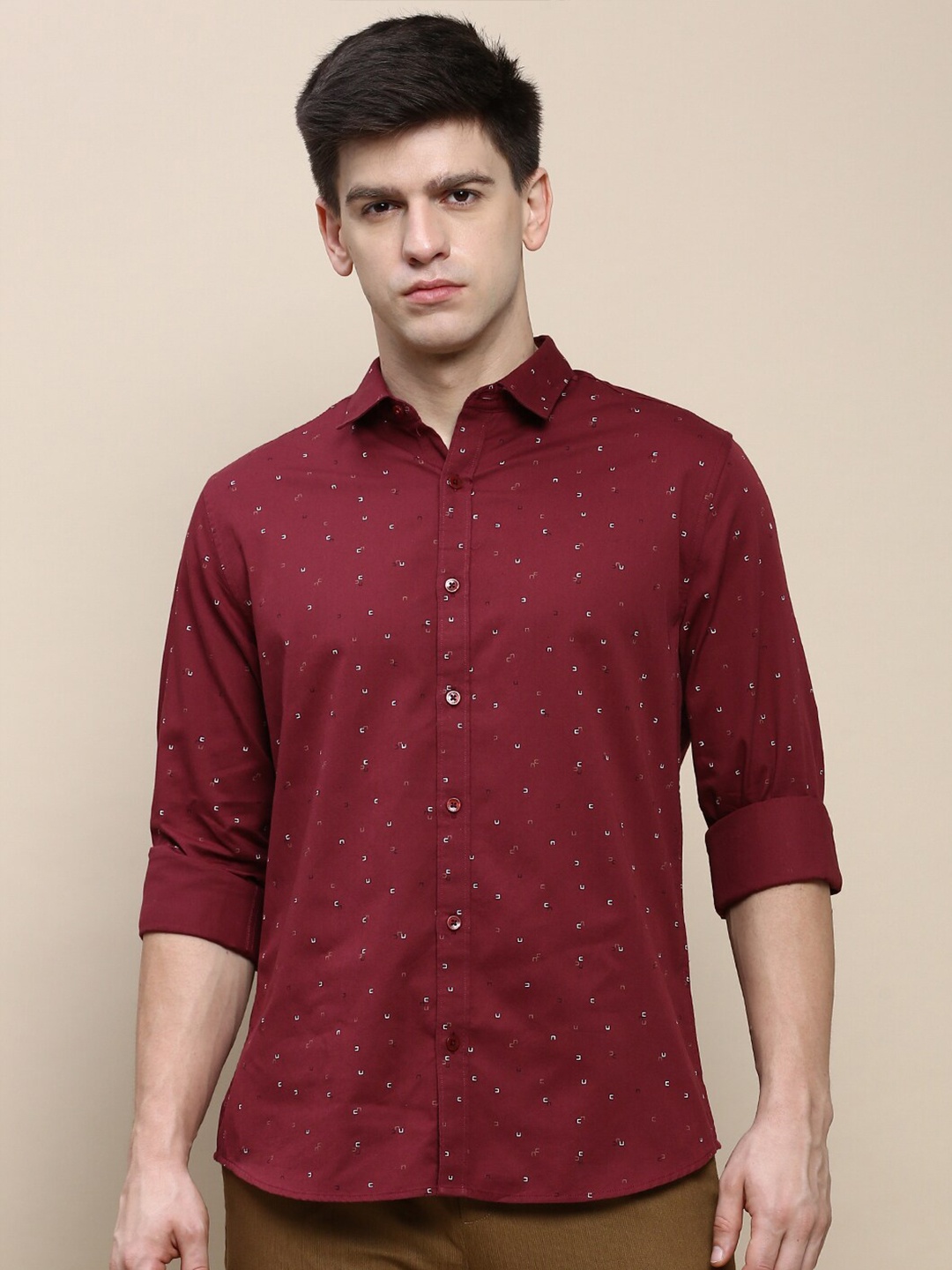 

INVICTUS Slim Fit Micro Ditsy Printed Cotton Casual Shirt, Maroon