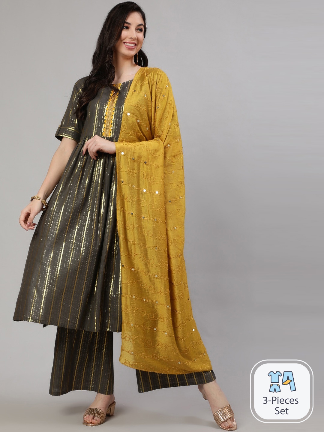 

AKS Striped Woven Design Pure Cotton Kurta With Palazzos & With Dupatta, Grey