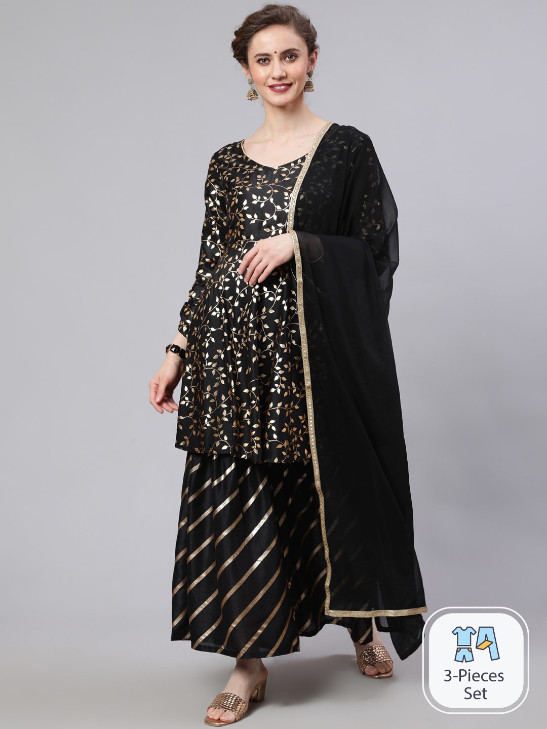 

AKS Floral Printed Regular Kurti With Sharara & With Dupatta, Black