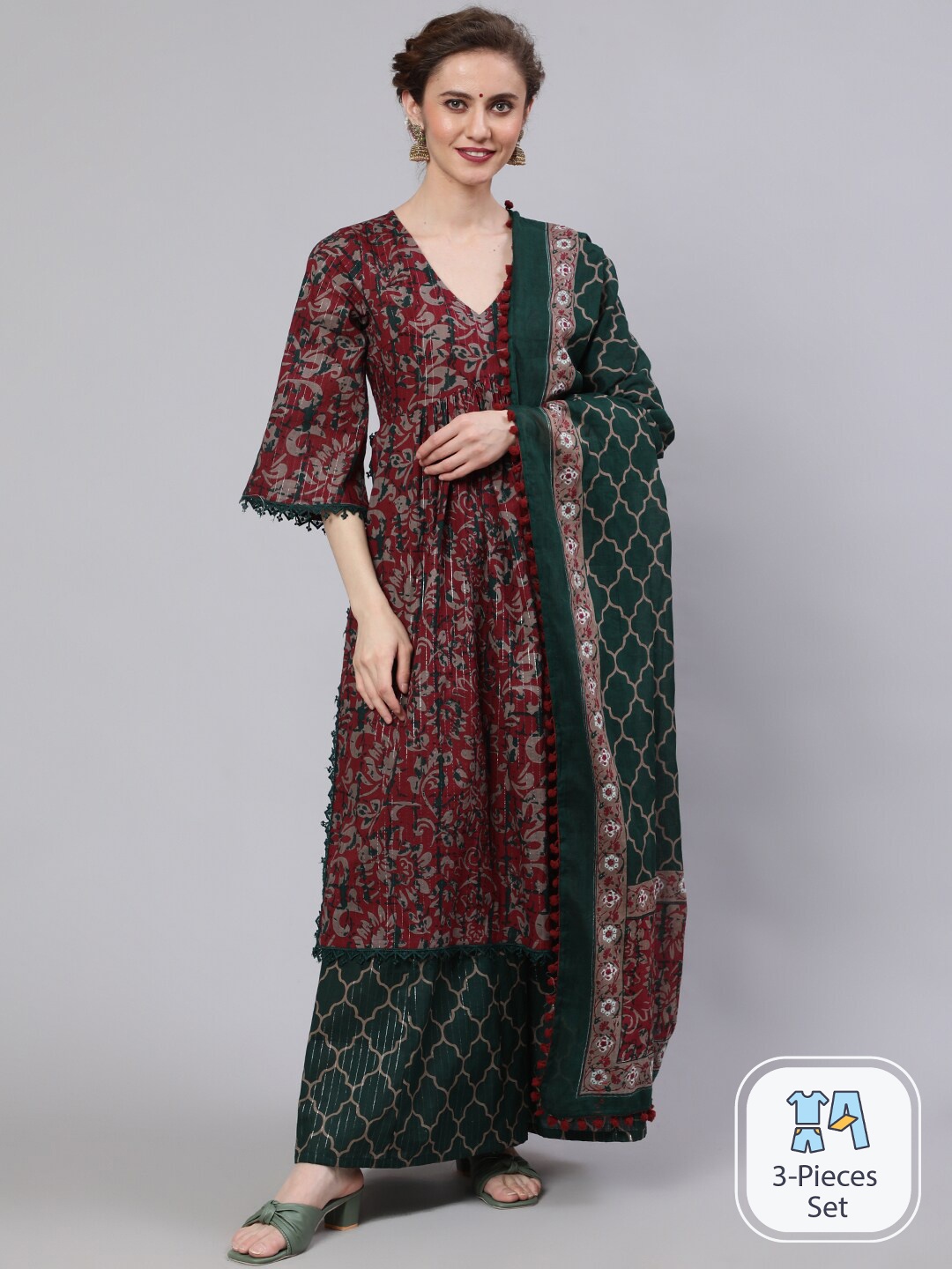 

AKS Floral Printed Empire Pure Cotton Kurta with Palazzos & Dupatta, Maroon