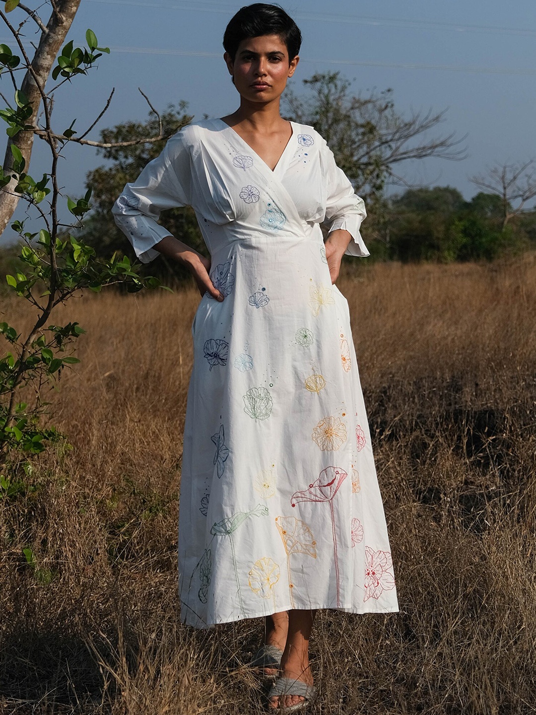 

OKHAI Cecelia Embroidered and Mirrorwork Flared Cotton Maxi Ethnic Dress, White