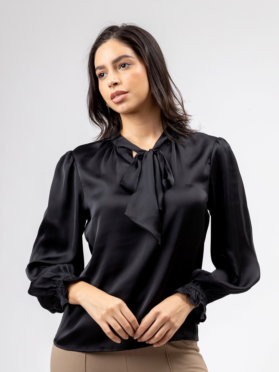 

H&M Tie Collar Satin Top, Black