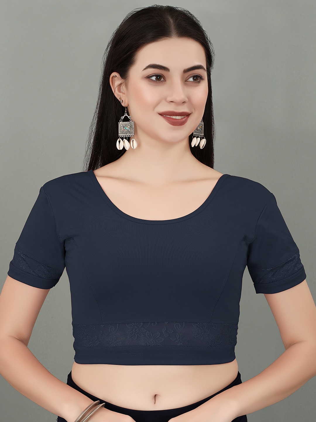 

SERONA FABRICS Round Neck Stretchable Saree Blouse, Navy blue