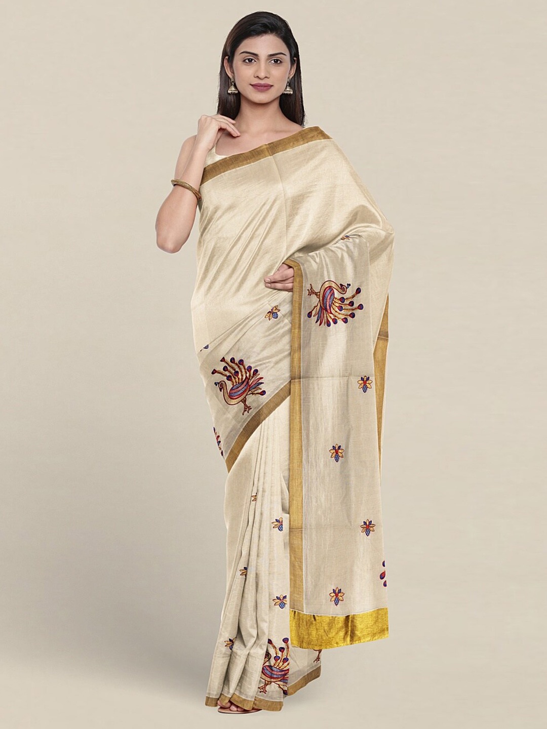 

Pothys Conversational Embroidered Pure Cotton Saree, Cream