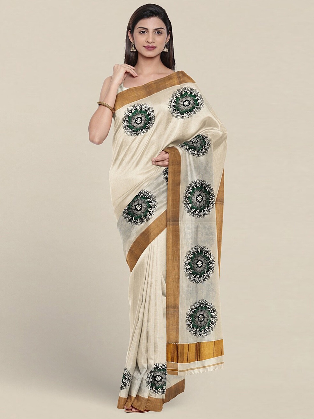 

Pothys Ethnic Motifs Printed Zari Pure Cotton Saree, Cream