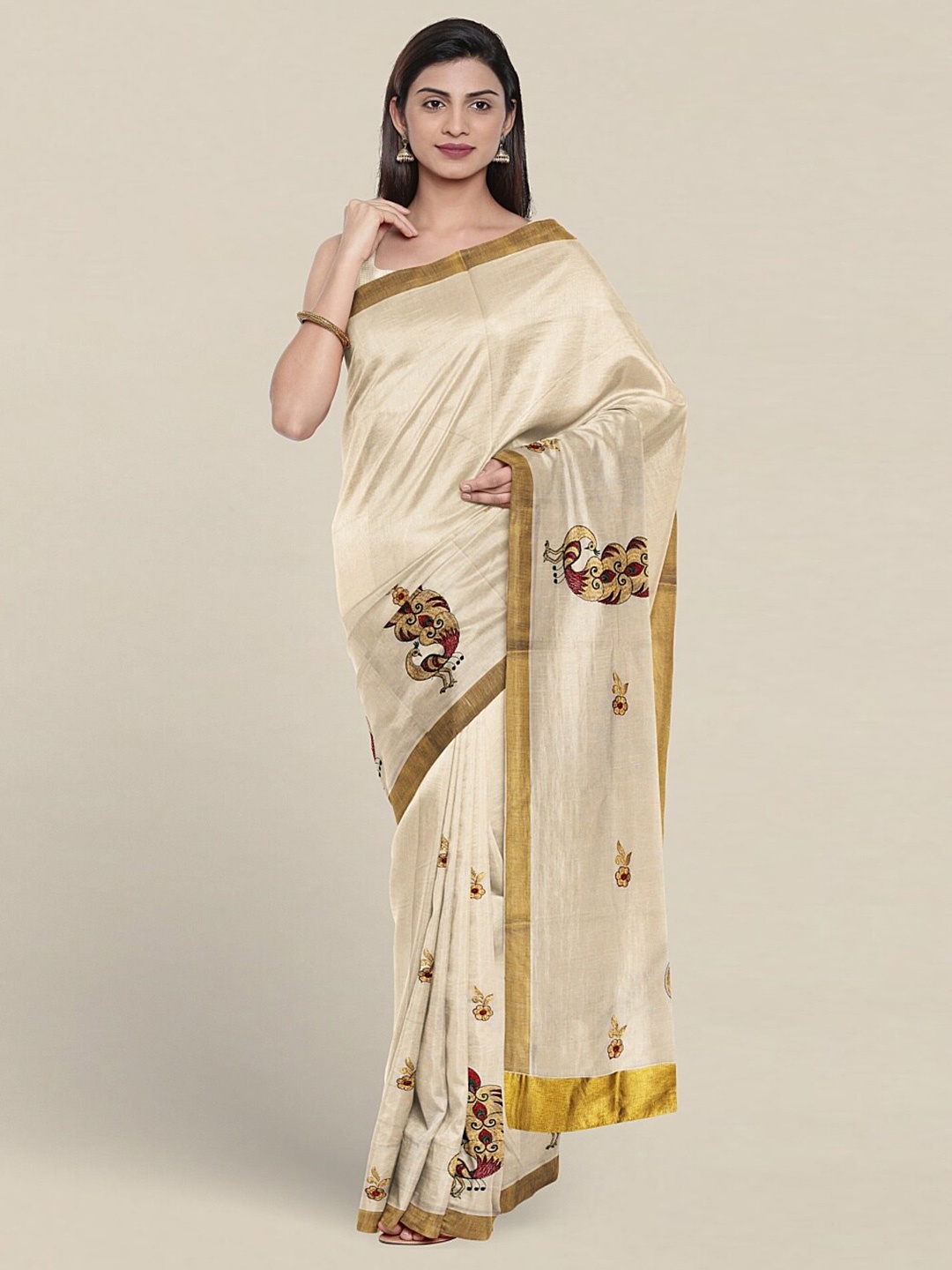 

Pothys Floral Embroidered Zari Detailed Pure Cotton Saree, Cream