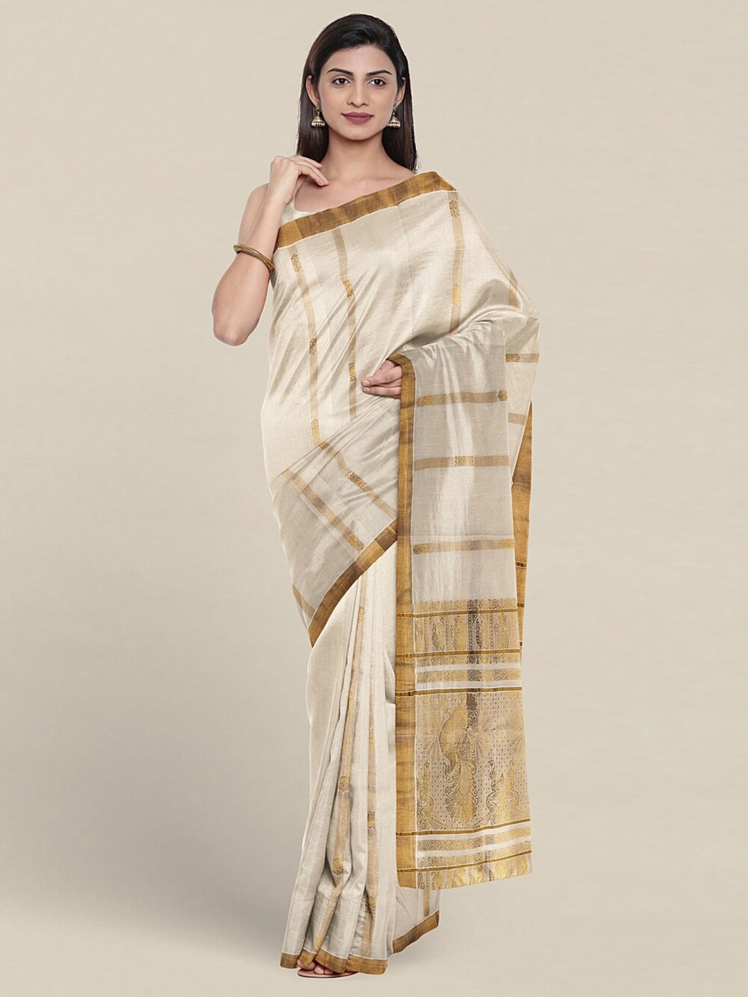 

Pothys Ethnic Motifs Woven Design Zari Detailed Pure Cotton Saree, Cream