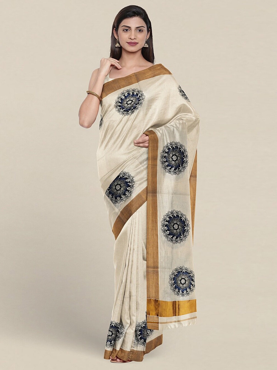 

Pothys Ethnic Motifs Printed Zari Pure Cotton Saree, Cream
