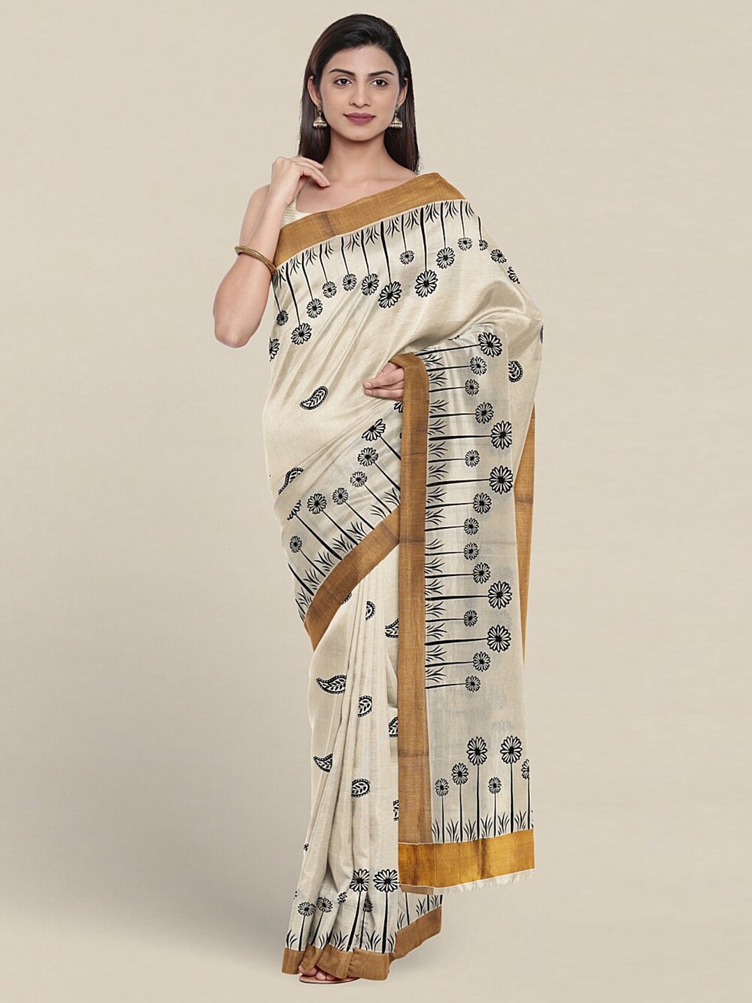 

Pothys Floral Printed Zari Detailed Pure Cotton Saree, Cream