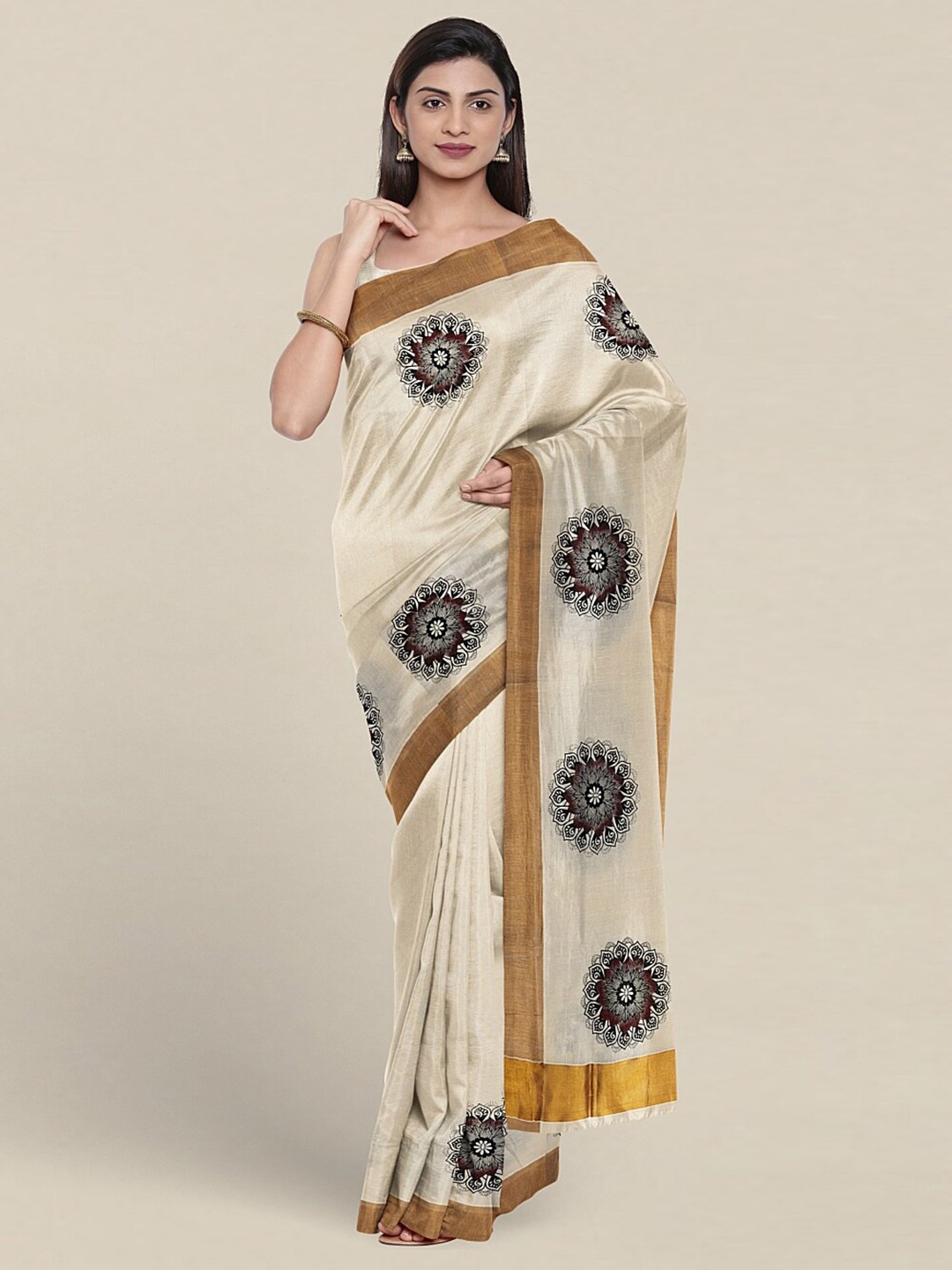 

Pothys Ethnic Motifs Printed Zari Pure Cotton Saree, Cream