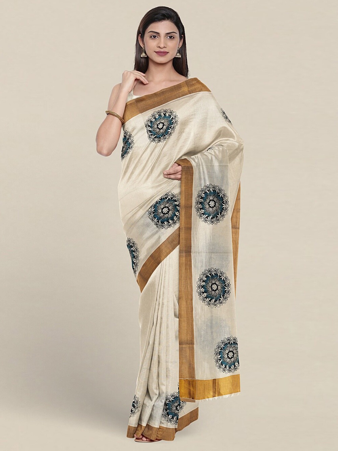 

Pothys Ethnic Motifs Printed Zari Detailed Pure Cotton Saree, Cream