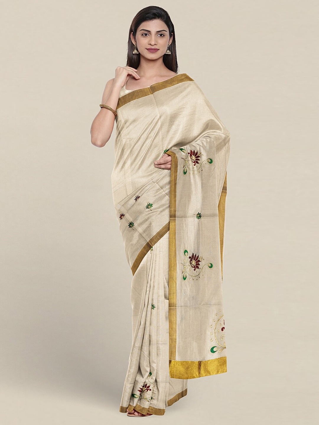 

Pothys Floral Embroidered Zari Pure Cotton Saree, Cream