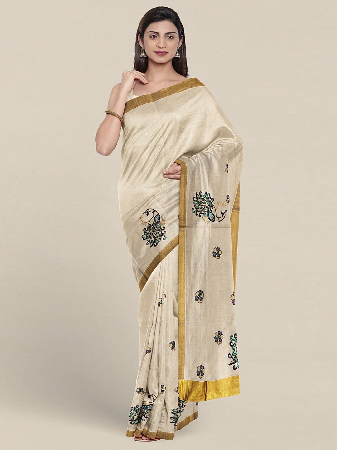 

Pothys Ethnic Motifs Embroidered Zari Detailed Pure Cotton Saree, Cream