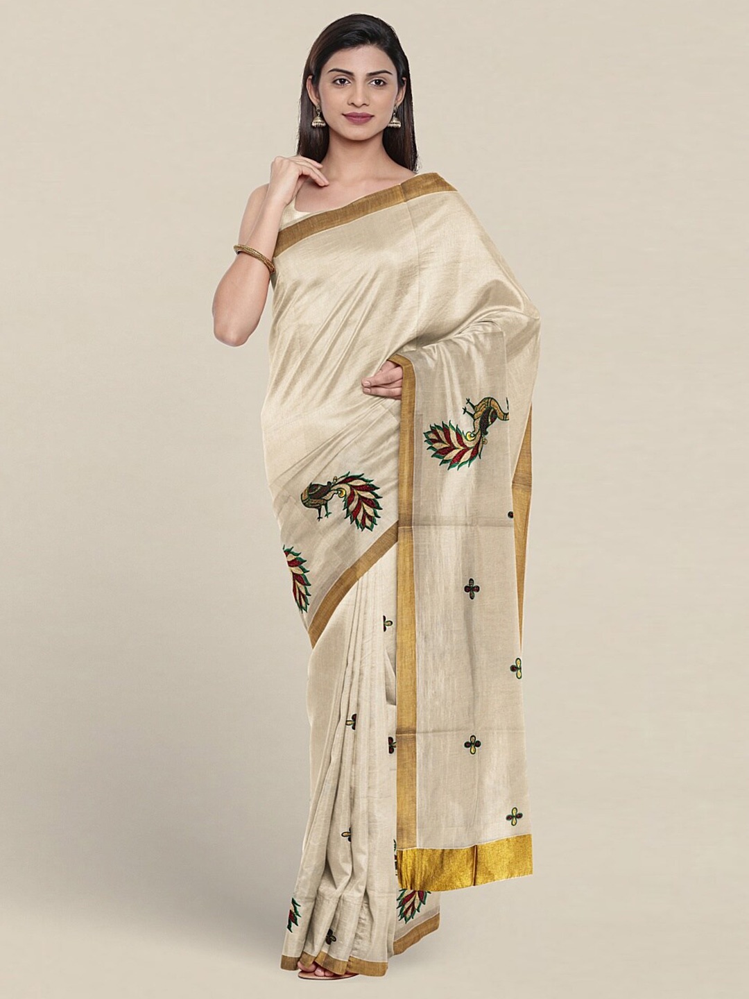 

Pothys Ethnic Motifs Embroidered Zari Detailed Pure Cotton Saree, Cream