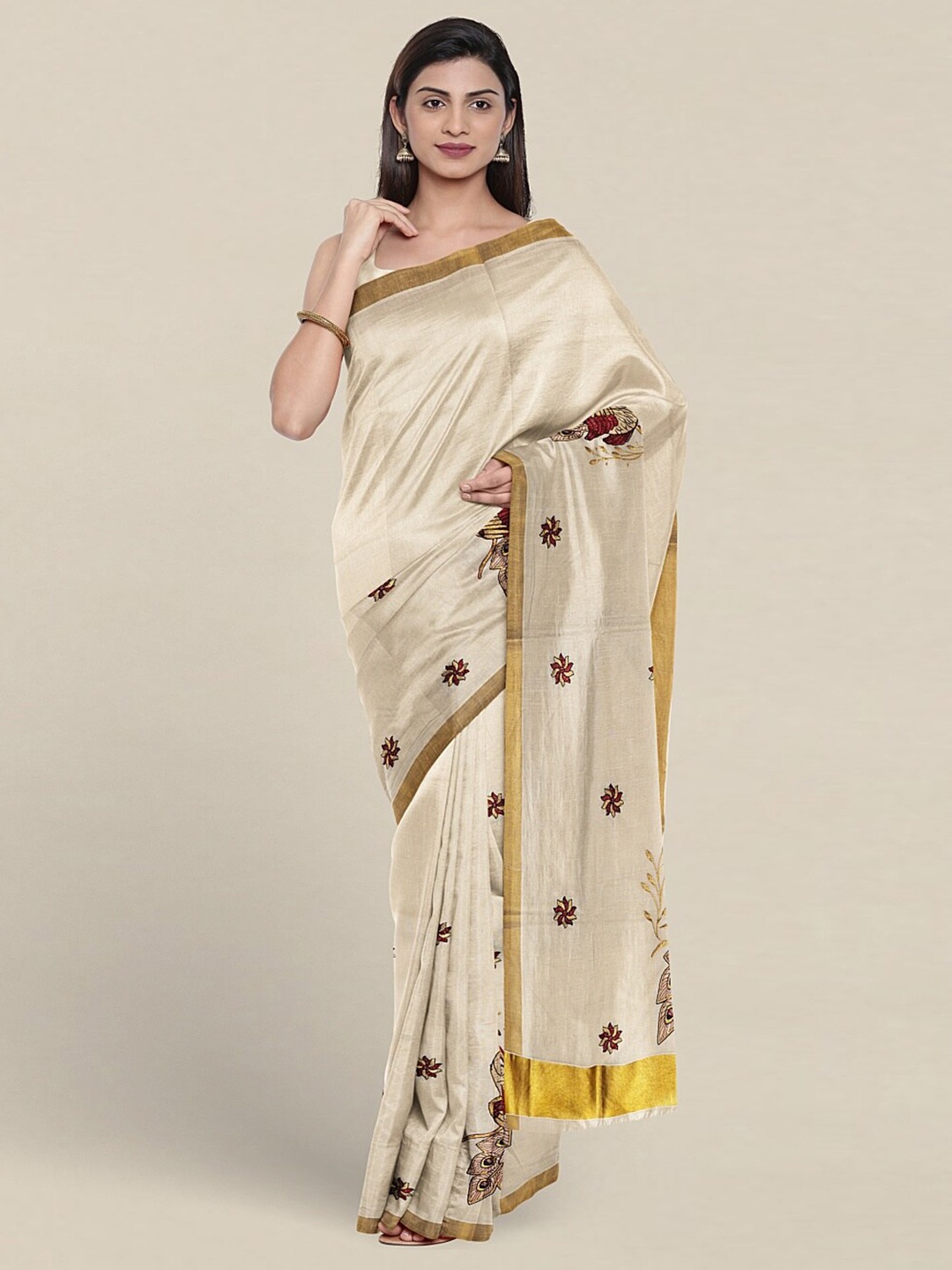 

Pothys Ethnic Motifs Embroidered Zari Pure Cotton Saree, Cream