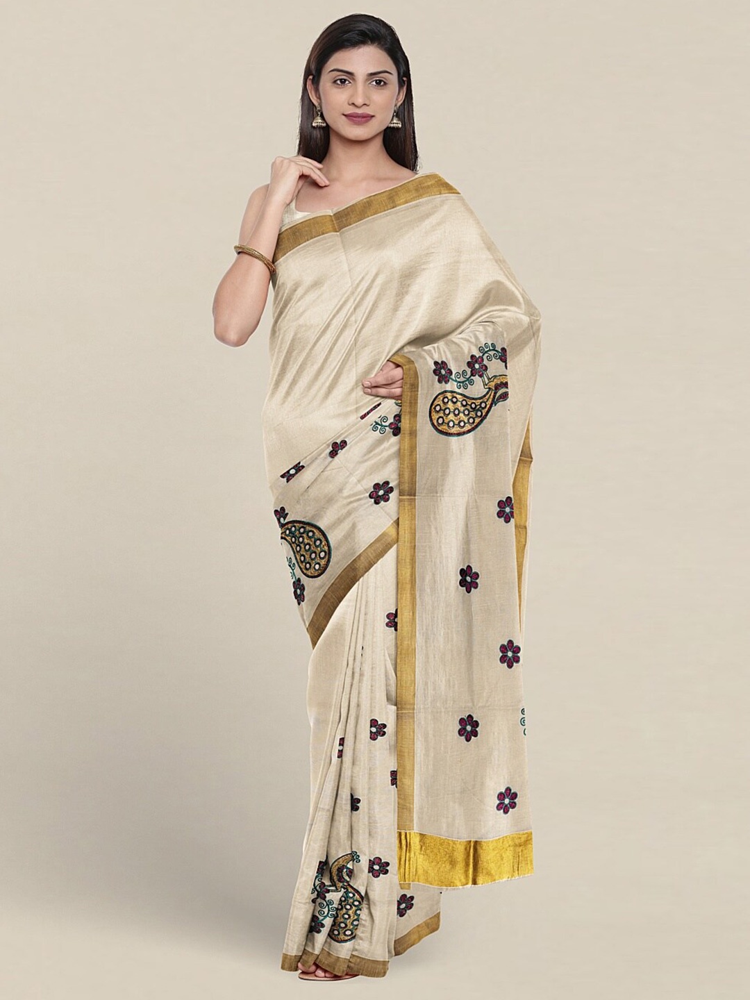 

Pothys Conversational Embroidered Zari Pure Cotton Saree, Cream