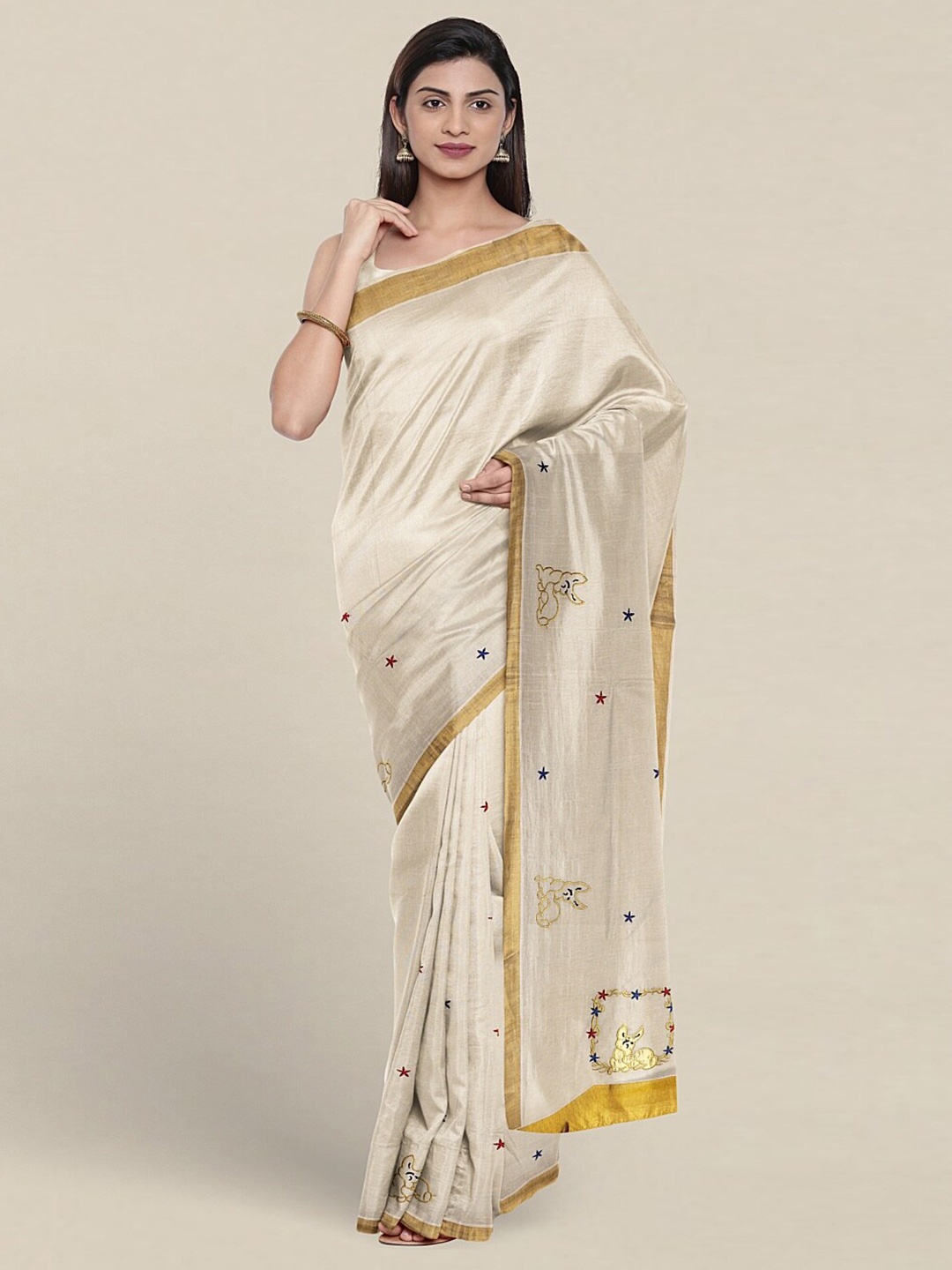 

Pothys Conversational Embroidered Pure Cotton Saree, Cream