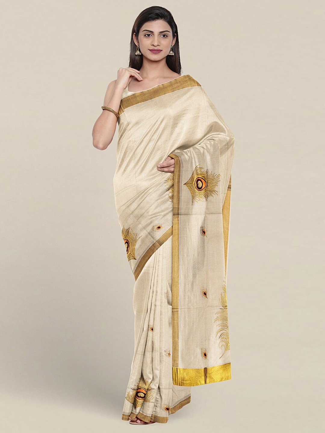 

Pothys Ethnic Motifs Embroidered Zari Detailed Pure Cotton Saree, Cream