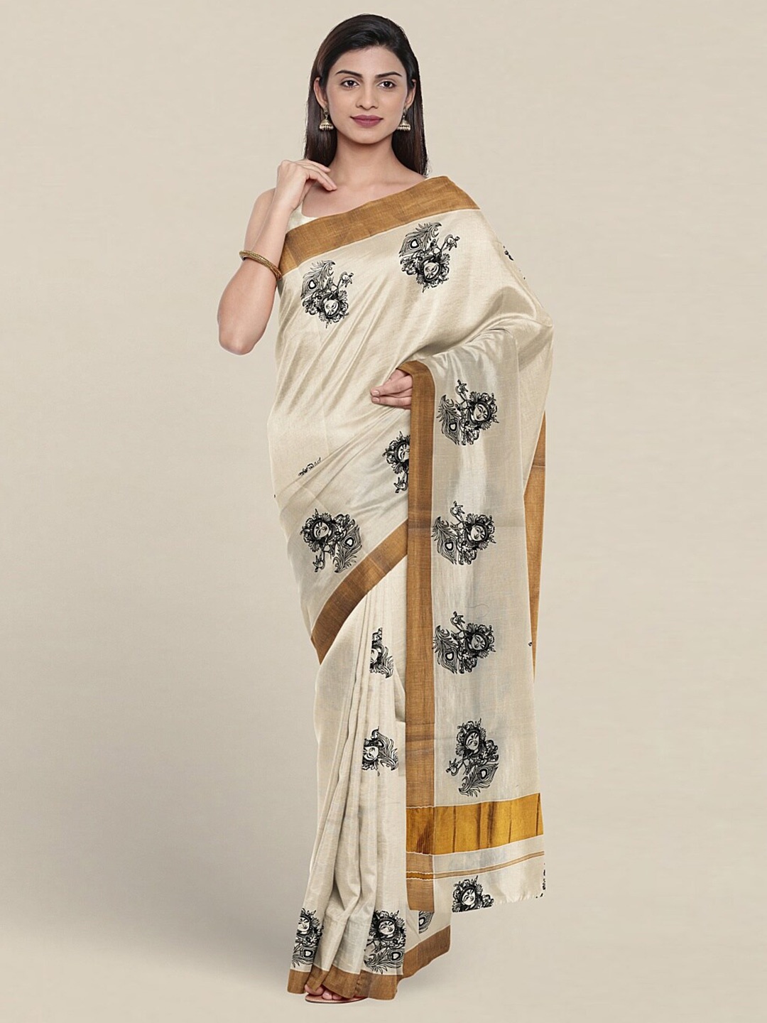 

Pothys Lord Krishna Ethnic Motifs Printed Zari Pure Cotton Saree, Cream