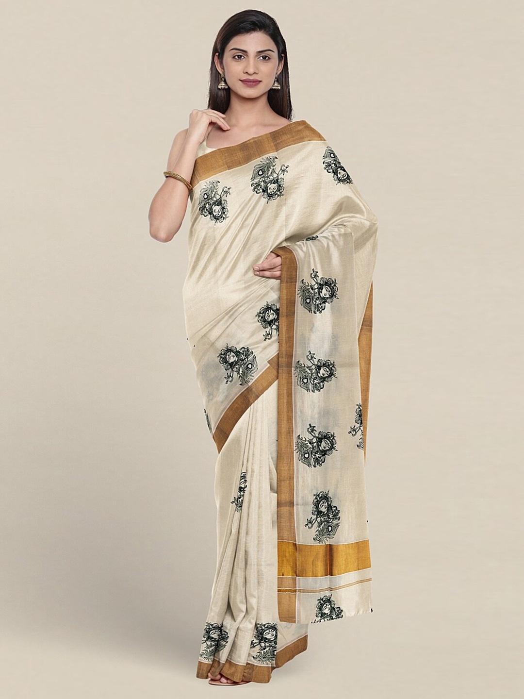 

Pothys Ethnic Motifs Printed Zari Pure Cotton Saree, Cream