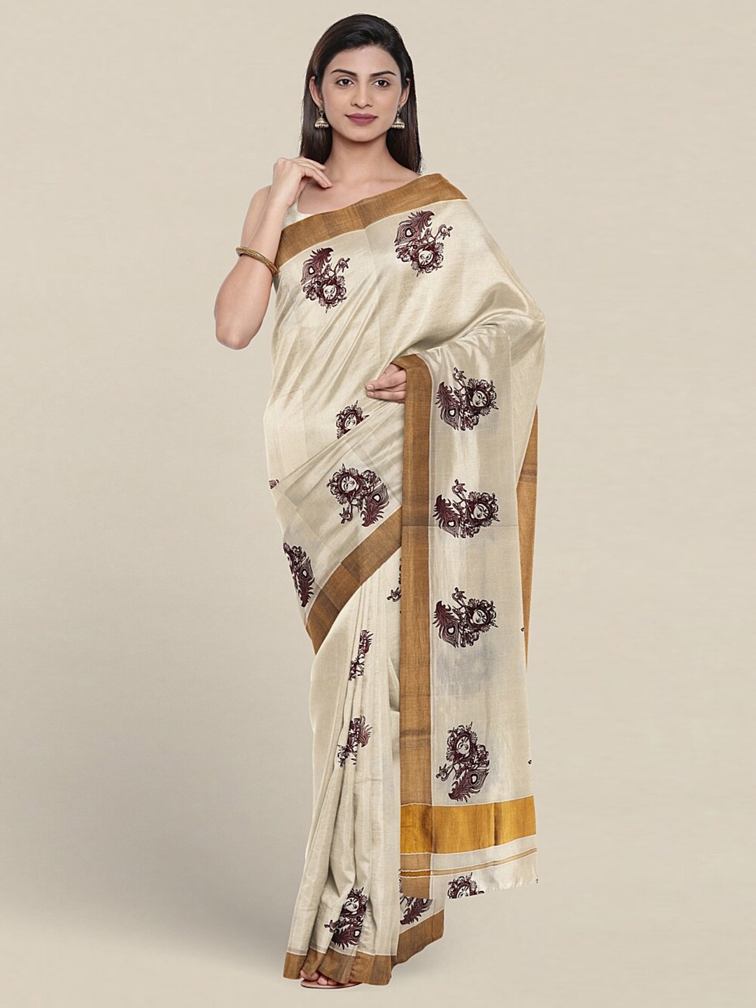 

Pothys Ethnic Motifs Printed Zari Detailed Pure Cotton Saree, Cream