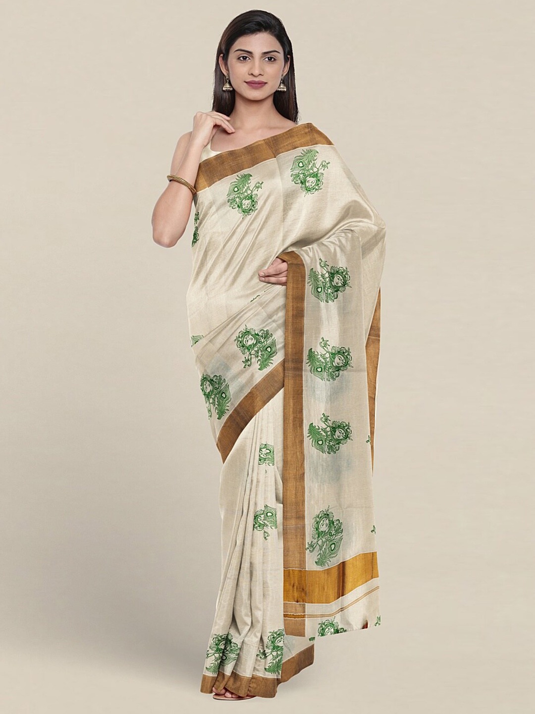 

Pothys Lord Krishna Ethnic Motifs Printed Zari Pure Cotton Saree, Cream