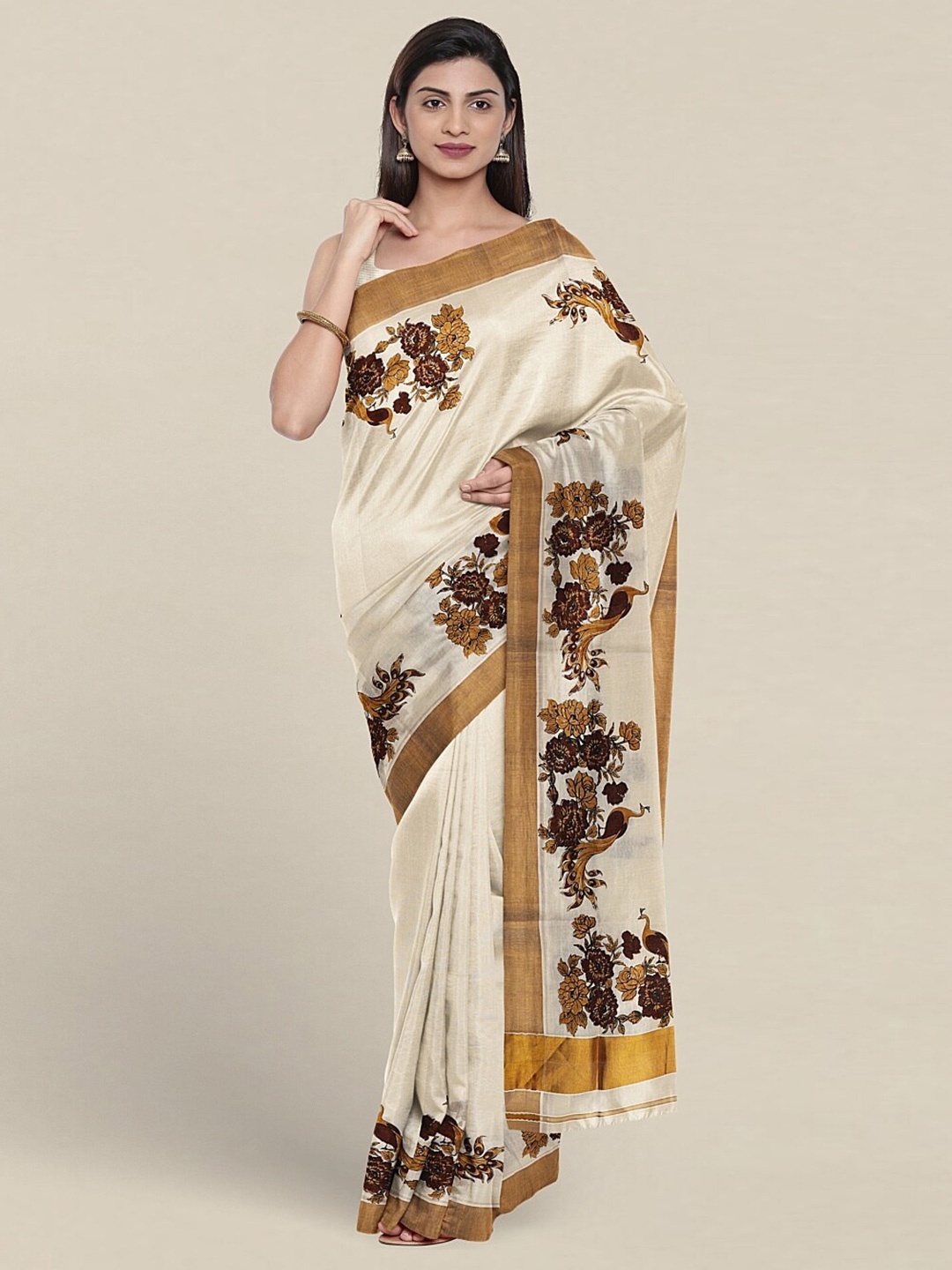 

Pothys Floral Printed Zari Detailed Pure Cotton Saree, Cream
