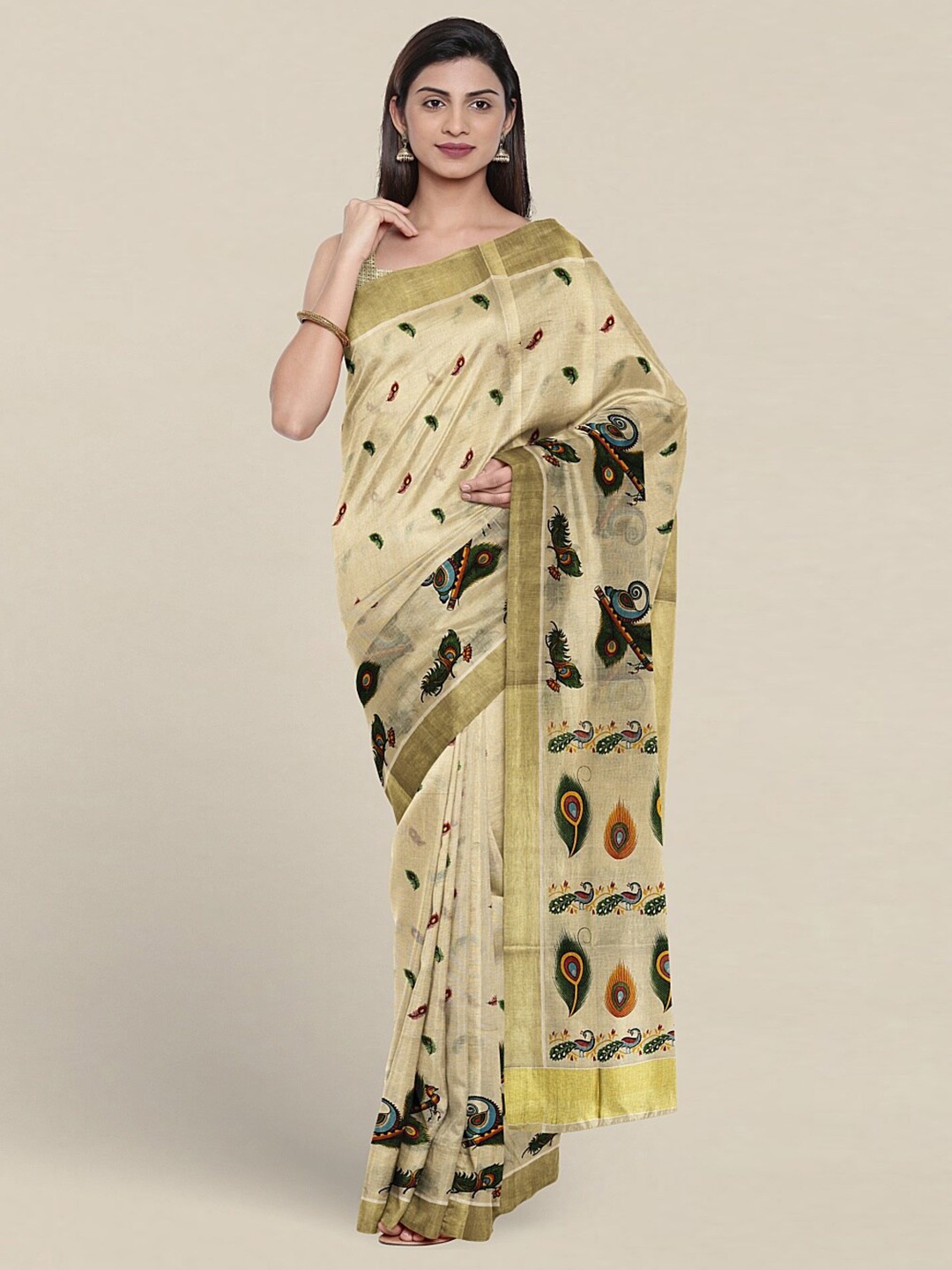 

Pothys Ethnic Motifs Printed Zari Detailed Pure Cotton Saree, Cream